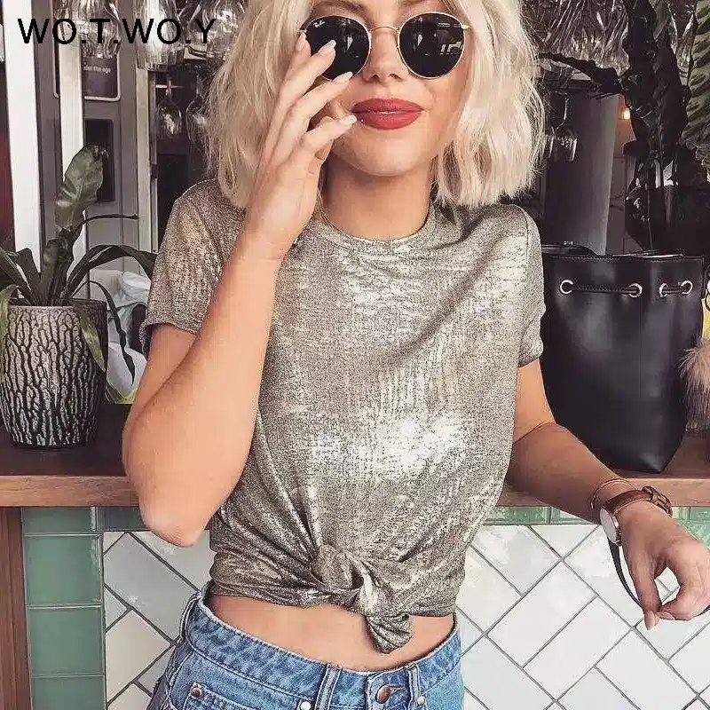 WOTWOY Silver Shiny Lurex Knitted T Shirts Women 2019 Summer Sexy Slim O-Neck Short Sleeve T shirt Woman Solid Tees Harajuku 13