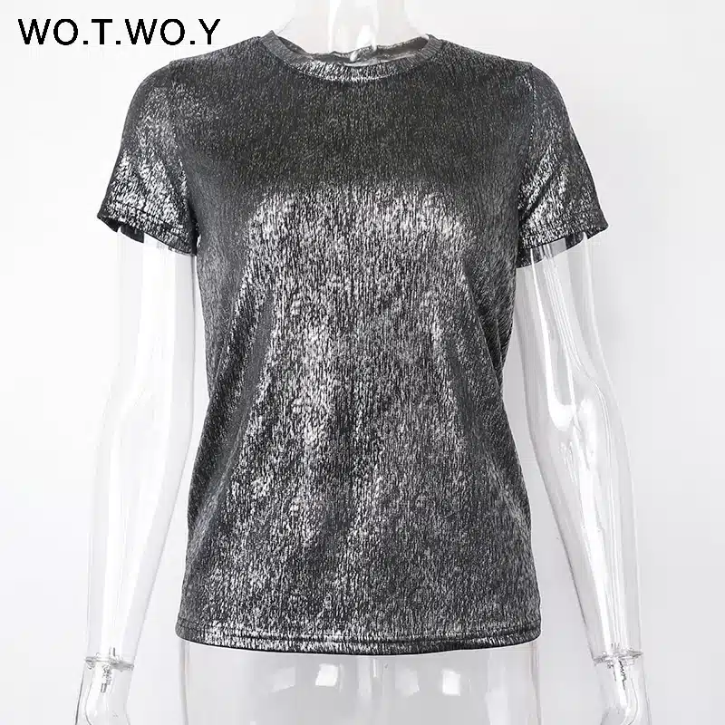 WOTWOY Silver Shiny Lurex Knitted T Shirts Women 2019 Summer Sexy Slim O-Neck Short Sleeve T shirt Woman Solid Tees Harajuku 19