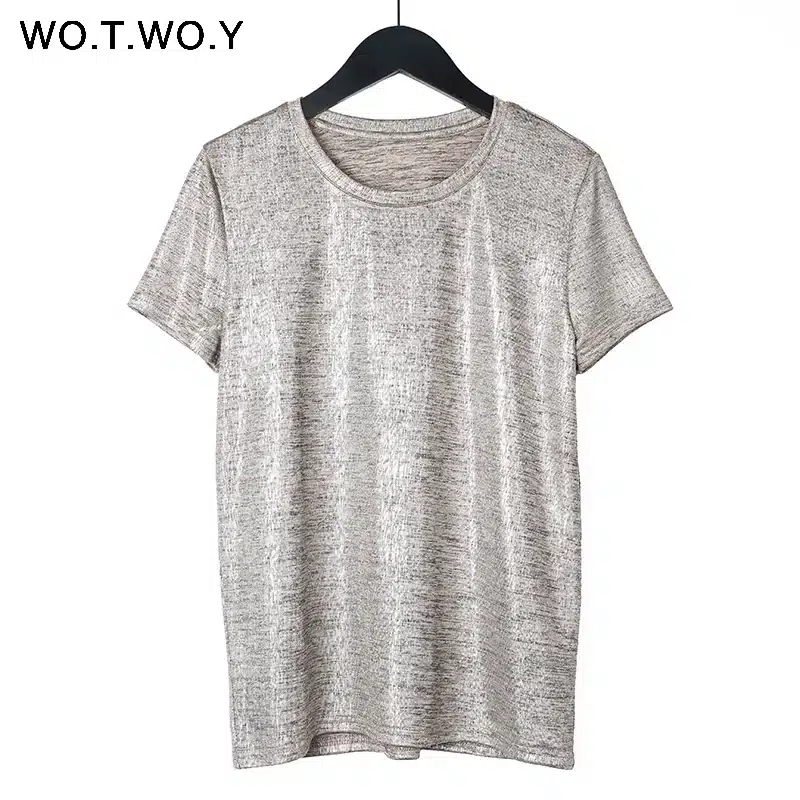 WOTWOY Silver Shiny Lurex Knitted T Shirts Women 2019 Summer Sexy Slim O-Neck Short Sleeve T shirt Woman Solid Tees Harajuku 20