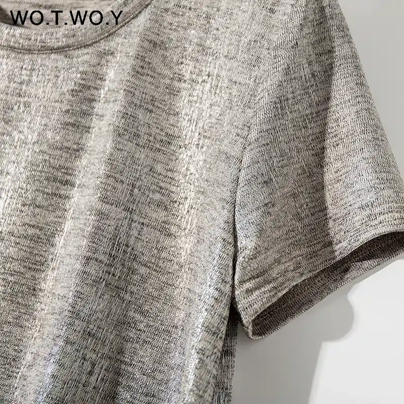 WOTWOY Silver Shiny Lurex Knitted T Shirts Women 2019 Summer Sexy Slim O-Neck Short Sleeve T shirt Woman Solid Tees Harajuku 22