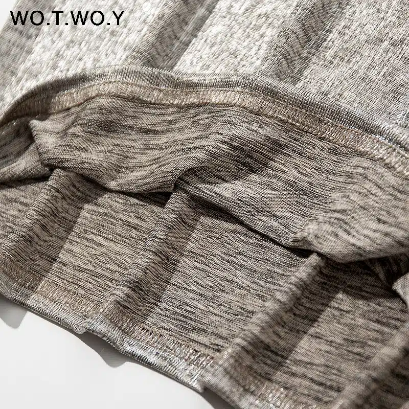 WOTWOY Silver Shiny Lurex Knitted T Shirts Women 2019 Summer Sexy Slim O-Neck Short Sleeve T shirt Woman Solid Tees Harajuku 24
