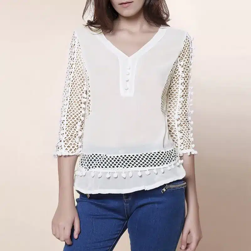 ZANZEA Plus Size Women Lace Blouse White Shirts 2019 Summer Autumn V-neck 3/4 Sleeve Hollow Casual Chiffon Tops Blusa Femininas 13
