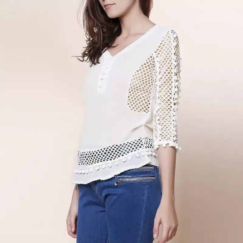 ZANZEA Plus Size Women Lace Blouse White Shirts 2019 Summer Autumn V-neck 3/4 Sleeve Hollow Casual Chiffon Tops Blusa Femininas 14