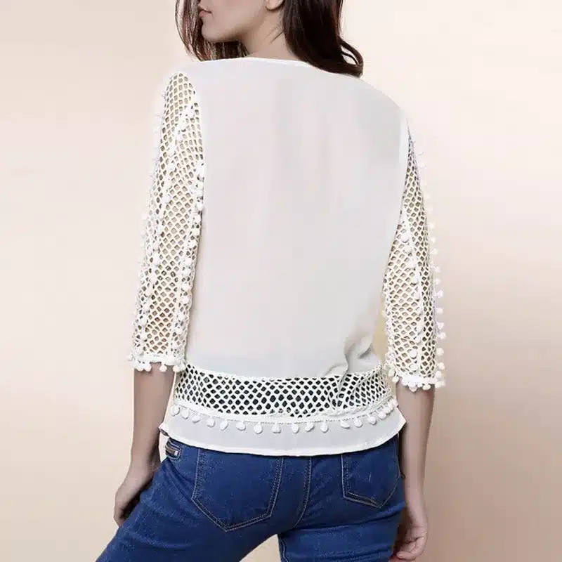 ZANZEA Plus Size Women Lace Blouse White Shirts 2019 Summer Autumn V-neck 3/4 Sleeve Hollow Casual Chiffon Tops Blusa Femininas 15