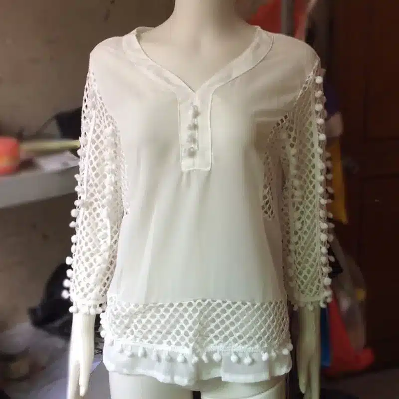 ZANZEA Plus Size Women Lace Blouse White Shirts 2019 Summer Autumn V-neck 3/4 Sleeve Hollow Casual Chiffon Tops Blusa Femininas 16