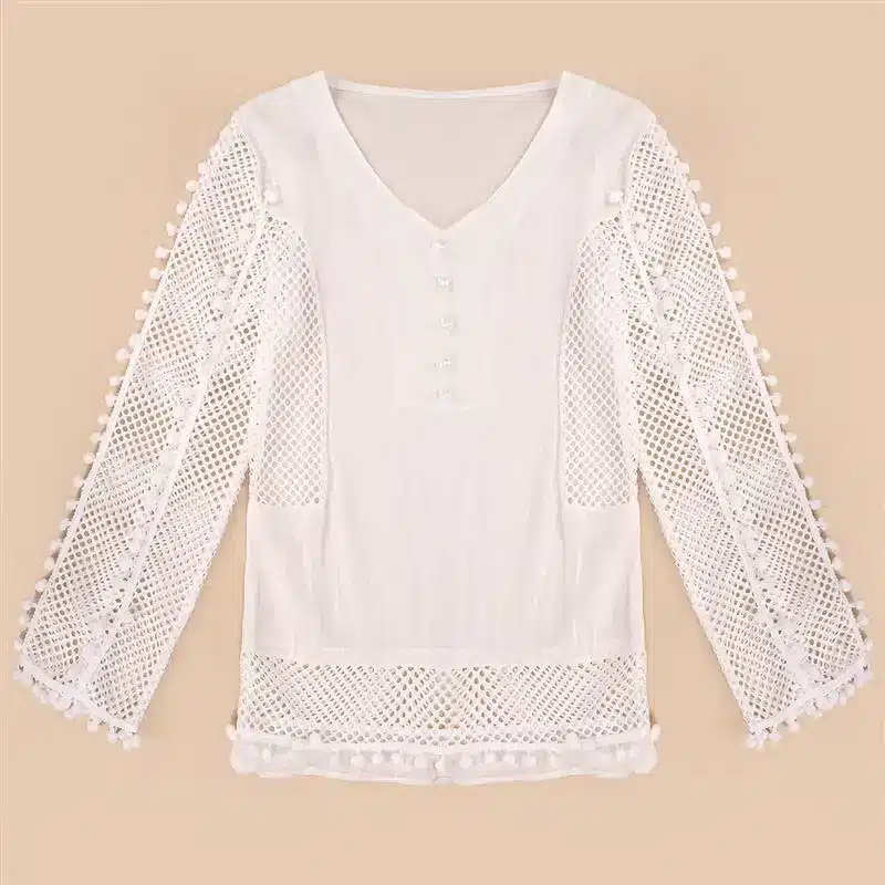 ZANZEA Plus Size Women Lace Blouse White Shirts 2019 Summer Autumn V-neck 3/4 Sleeve Hollow Casual Chiffon Tops Blusa Femininas 17