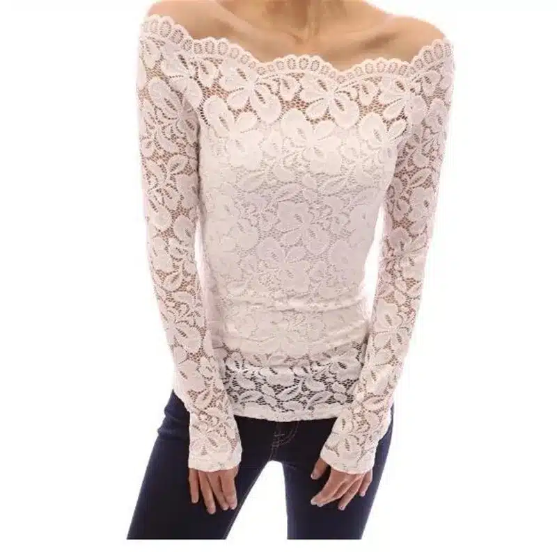 Fashion Woman Blouses 2019 Summer Women Blouses Off Shoulder White Lace Blouse Chiffon Long Sleeve Women Shirts 10