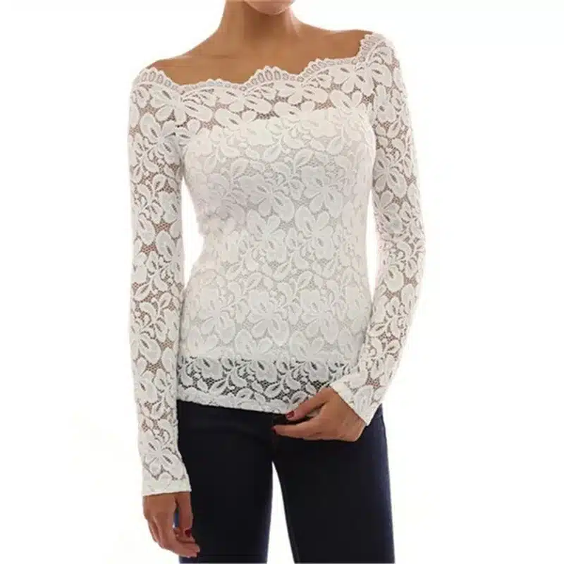 Fashion Woman Blouses 2019 Summer Women Blouses Off Shoulder White Lace Blouse Chiffon Long Sleeve Women Shirts 11