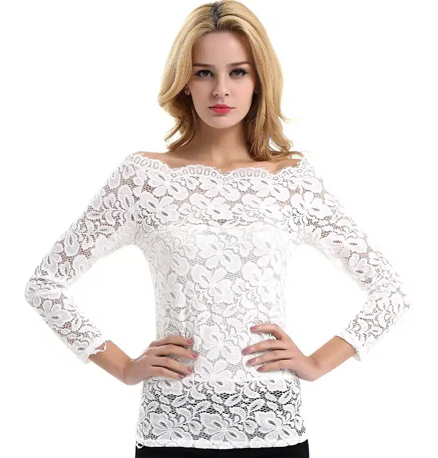 Fashion Woman Blouses 2019 Summer Women Blouses Off Shoulder White Lace Blouse Chiffon Long Sleeve Women Shirts 17