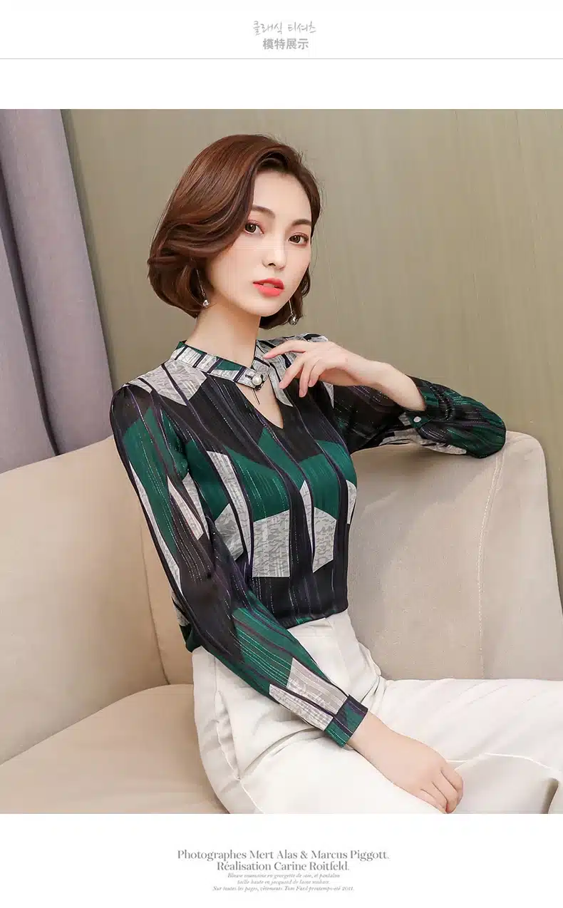 2019 fashion print chiffon blouse women shirt long sleeve plus size women tops stripe OL blouse women's clothing blusas 0092 30 19