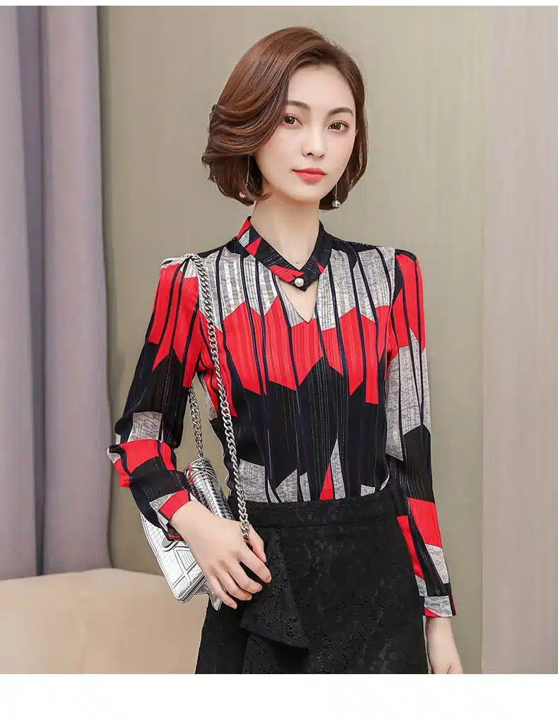 2019 fashion print chiffon blouse women shirt long sleeve plus size women tops stripe OL blouse women's clothing blusas 0092 30 23