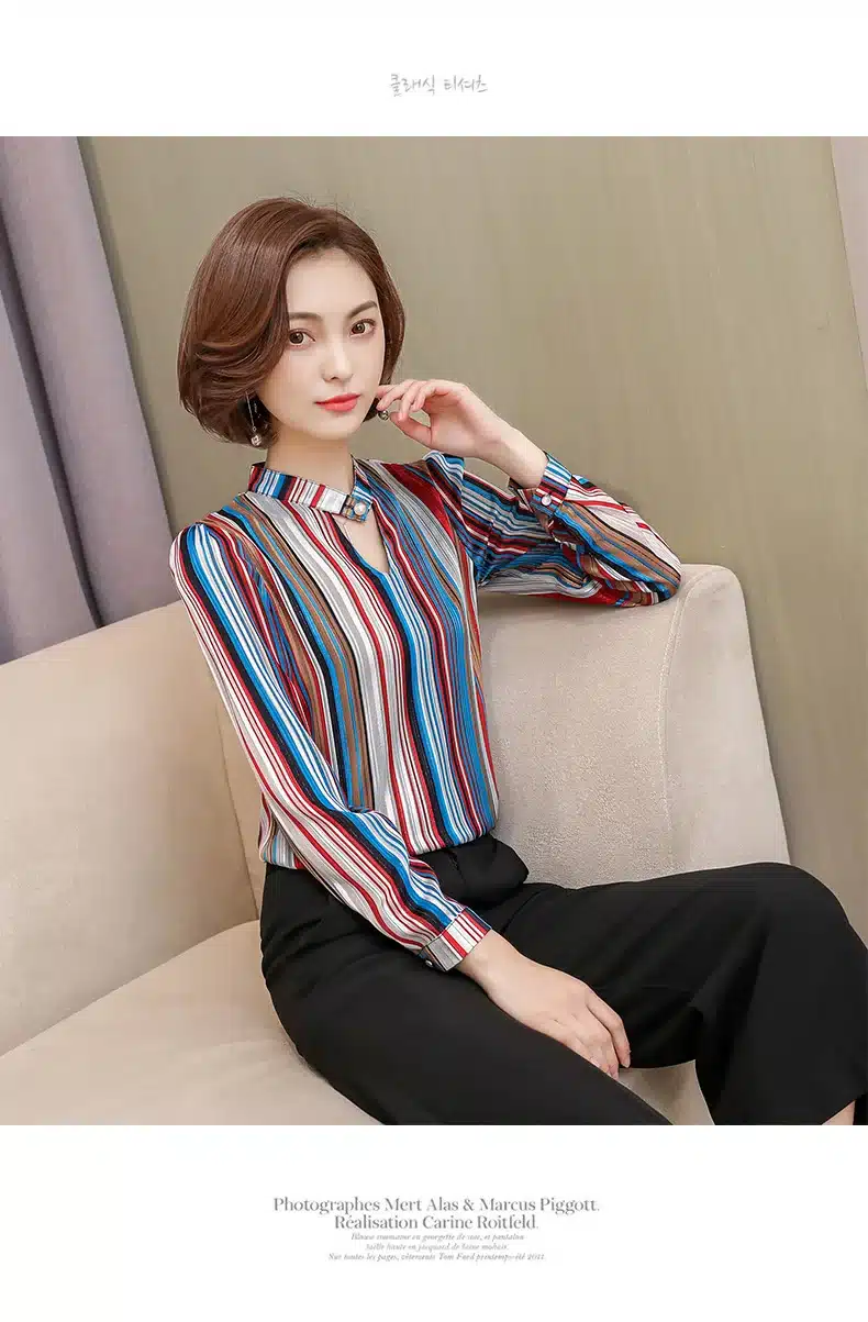 2019 fashion print chiffon blouse women shirt long sleeve plus size women tops stripe OL blouse women's clothing blusas 0092 30 25