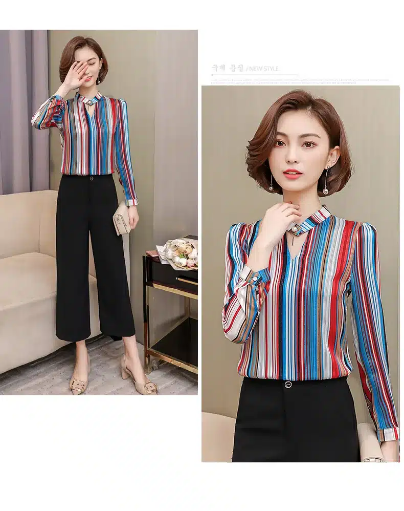 2019 fashion print chiffon blouse women shirt long sleeve plus size women tops stripe OL blouse women's clothing blusas 0092 30 26