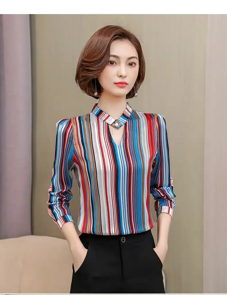 2019 fashion print chiffon blouse women shirt long sleeve plus size women tops stripe OL blouse women's clothing blusas 0092 30 27