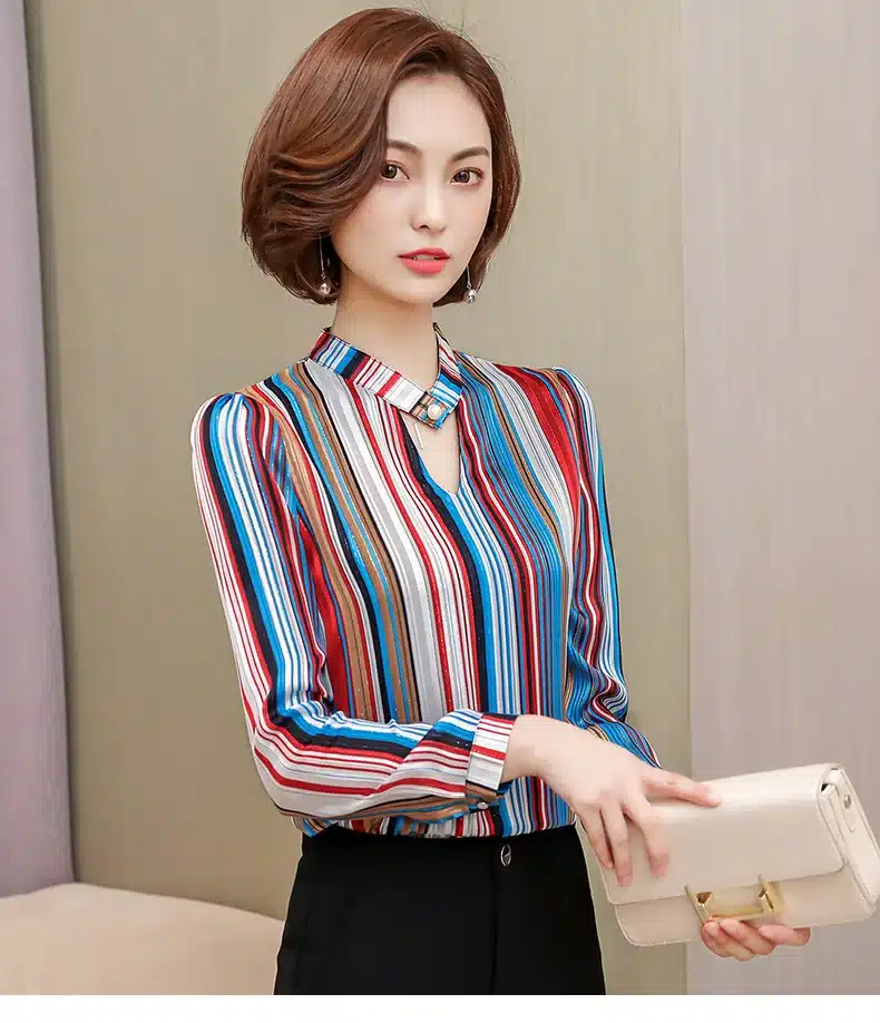 2019 fashion print chiffon blouse women shirt long sleeve plus size women tops stripe OL blouse women's clothing blusas 0092 30 28
