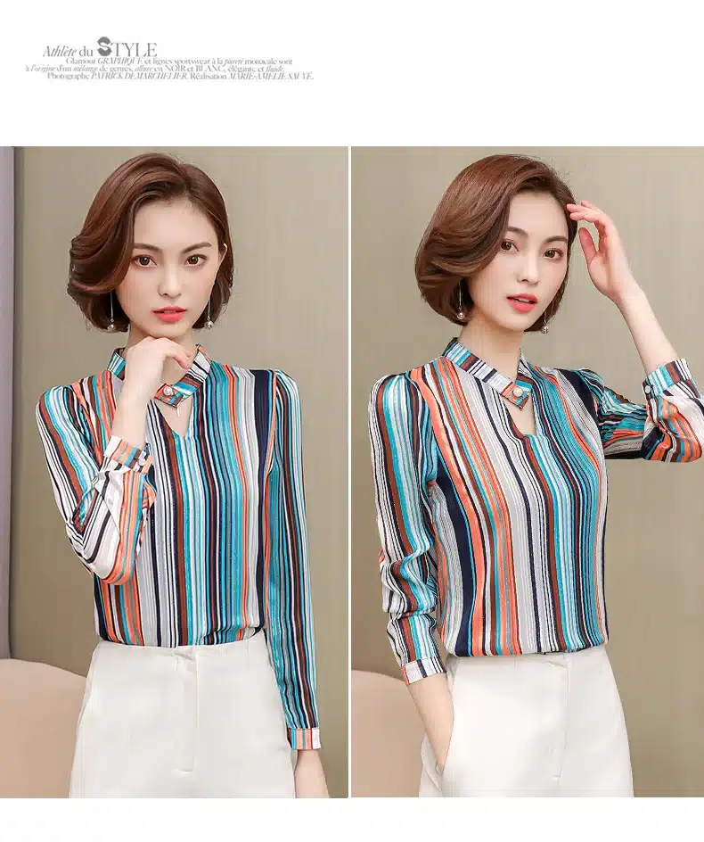 2019 fashion print chiffon blouse women shirt long sleeve plus size women tops stripe OL blouse women's clothing blusas 0092 30 29