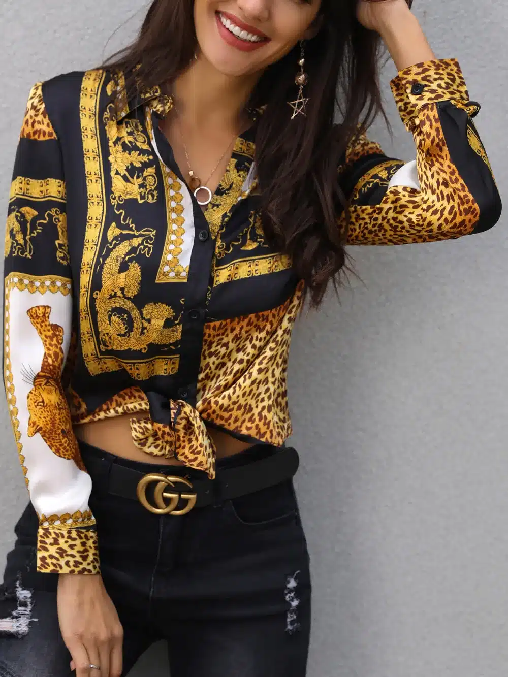 2019 Spring Women Elegant Party Loose Button Shirt Turn-down Collar Female Leopard Print Knot Front Long Sleeve Blouse 5