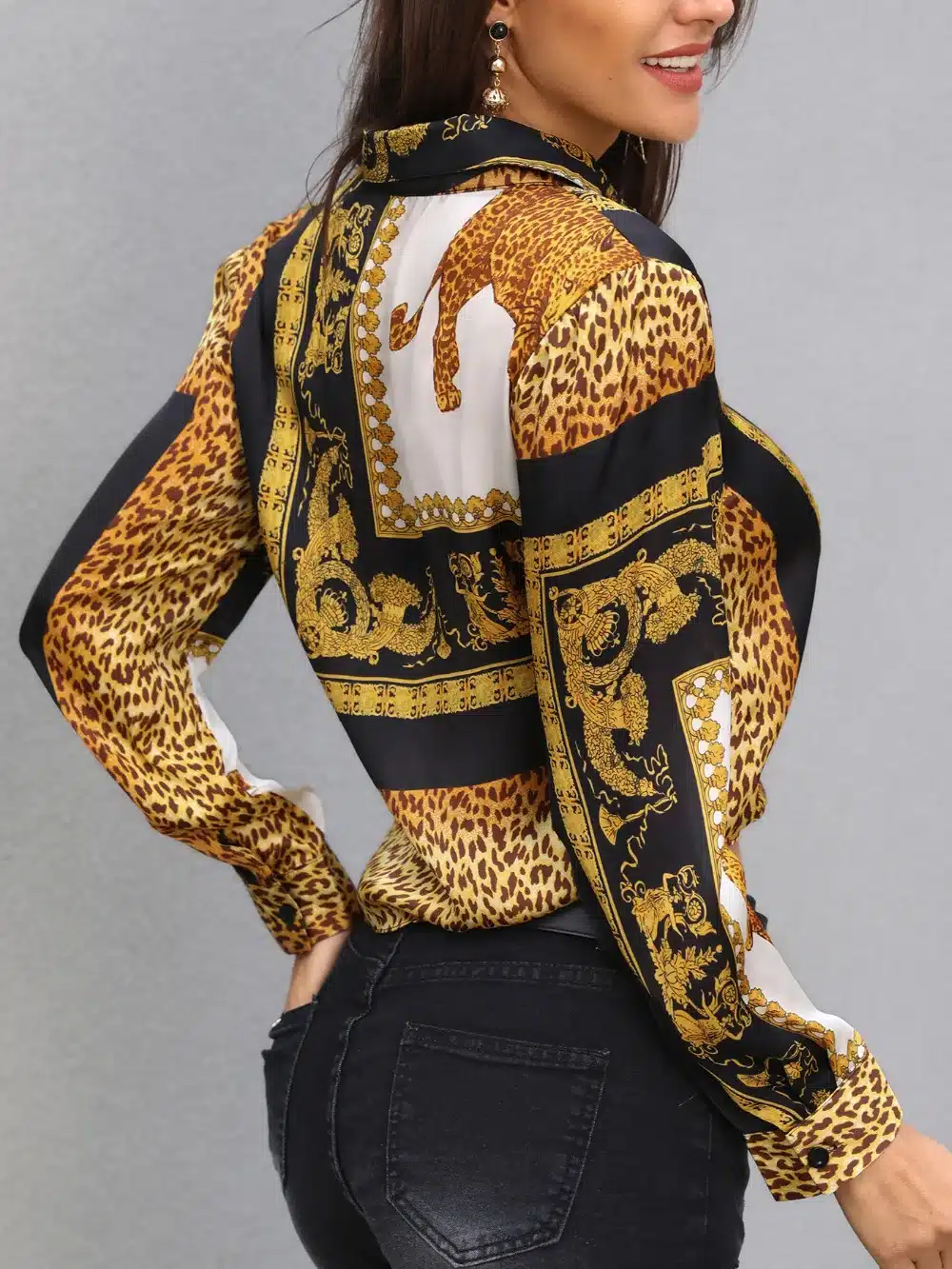 2019 Spring Women Elegant Party Loose Button Shirt Turn-down Collar Female Leopard Print Knot Front Long Sleeve Blouse 6