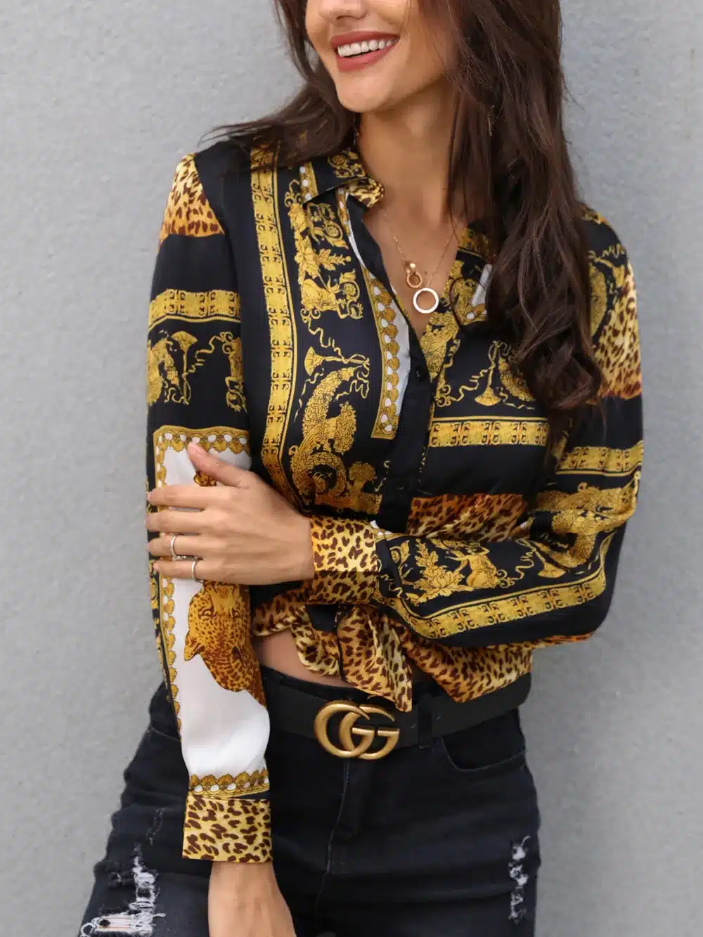 2019 Spring Women Elegant Party Loose Button Shirt Turn-down Collar Female Leopard Print Knot Front Long Sleeve Blouse 7