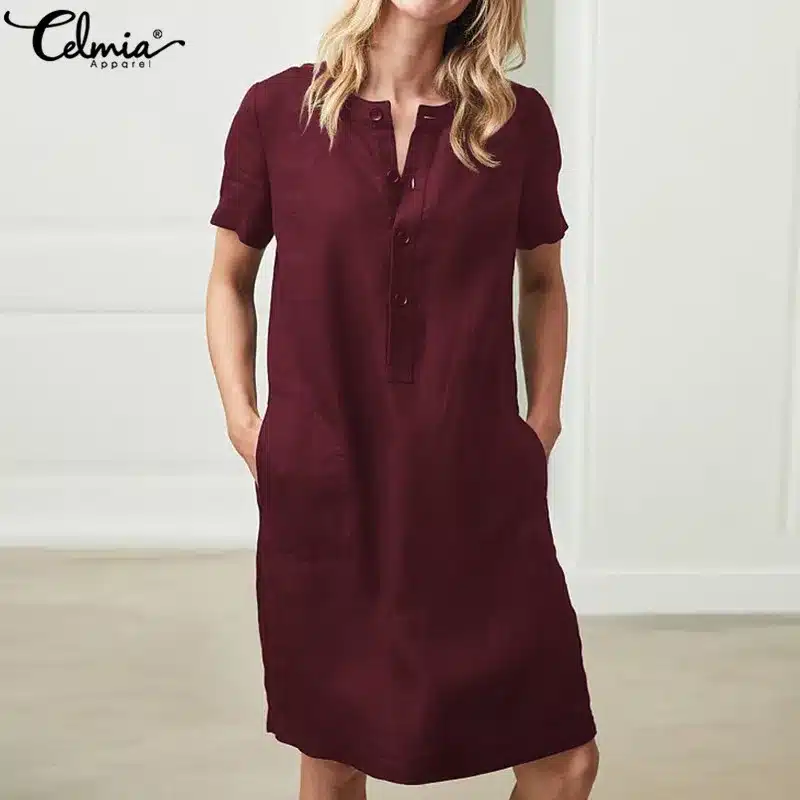 Plus Size Women Linen Shirt Dresses 2019 Celmia Summer Mini Dress Vintage Cotton Short Sleeve Vestido Robe Femme Beach Sundress 15