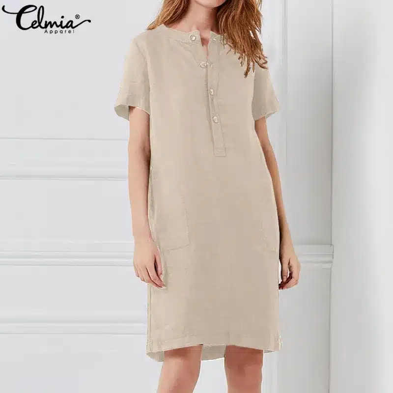 Plus Size Women Linen Shirt Dresses 2019 Celmia Summer Mini Dress Vintage Cotton Short Sleeve Vestido Robe Femme Beach Sundress 17