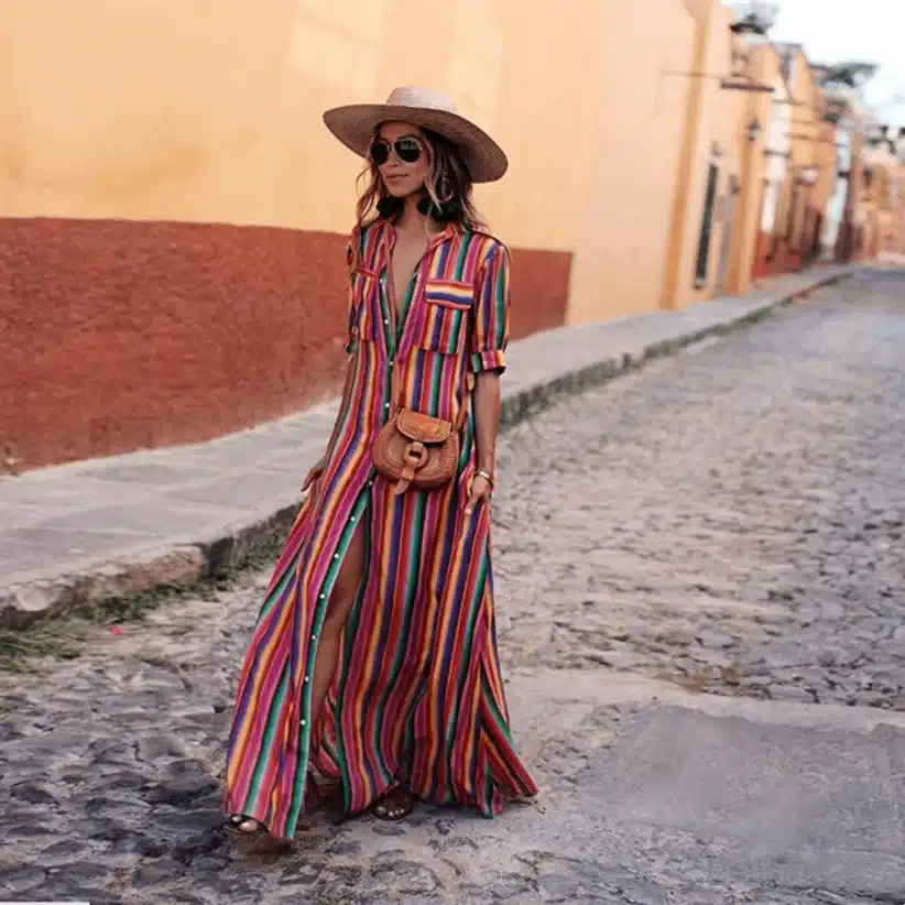 Short Sleeve Boho Striped Casual Long Dress Summer 2019 Vintage Women Dress Elegant Streetwear Loose Sexy Black Shirt Dresses 12