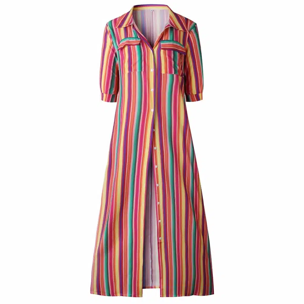 Short Sleeve Boho Striped Casual Long Dress Summer 2019 Vintage Women Dress Elegant Streetwear Loose Sexy Black Shirt Dresses 14