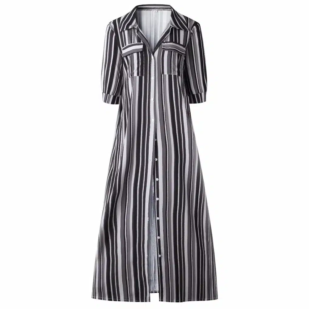 Short Sleeve Boho Striped Casual Long Dress Summer 2019 Vintage Women Dress Elegant Streetwear Loose Sexy Black Shirt Dresses 17