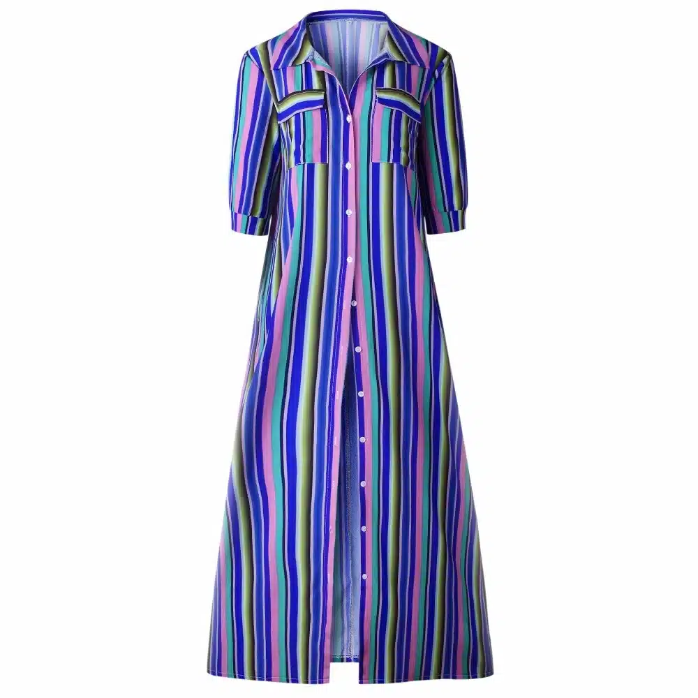 Short Sleeve Boho Striped Casual Long Dress Summer 2019 Vintage Women Dress Elegant Streetwear Loose Sexy Black Shirt Dresses 20
