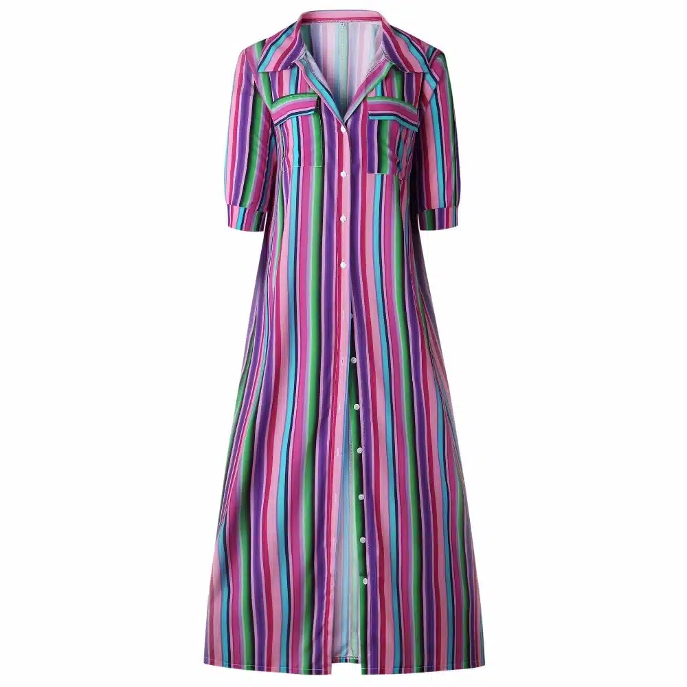 Short Sleeve Boho Striped Casual Long Dress Summer 2019 Vintage Women Dress Elegant Streetwear Loose Sexy Black Shirt Dresses 23