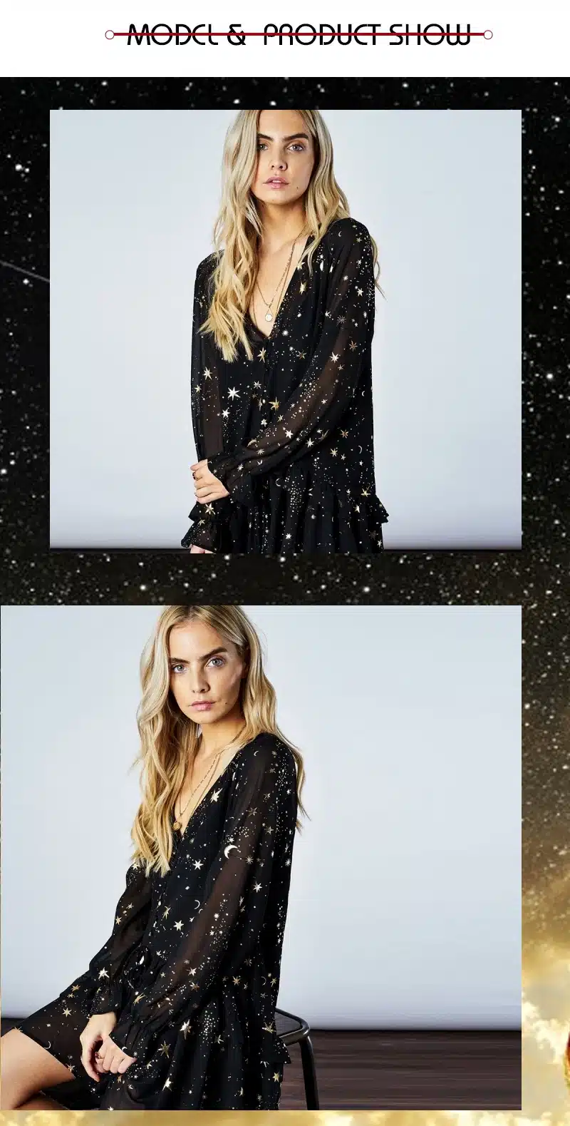 HDY Haoduoyi Star Moon Print Dress 2019 Spring Black Long Sleeve Elegant Party Dresses New Year Lining Suit Two Midi-Dresses 20