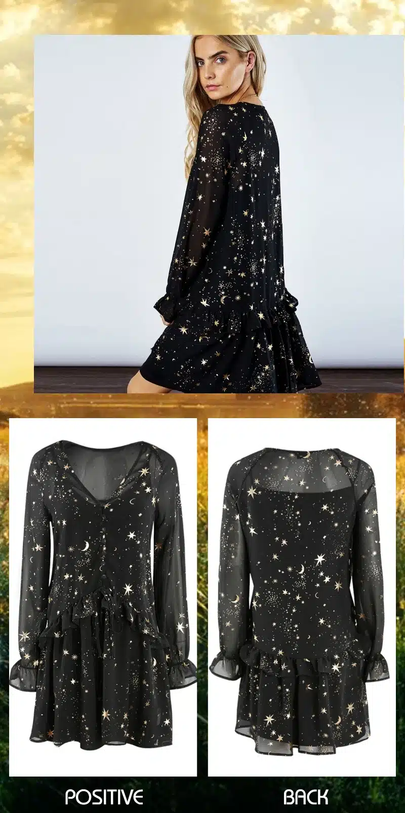 HDY Haoduoyi Star Moon Print Dress 2019 Spring Black Long Sleeve Elegant Party Dresses New Year Lining Suit Two Midi-Dresses 21