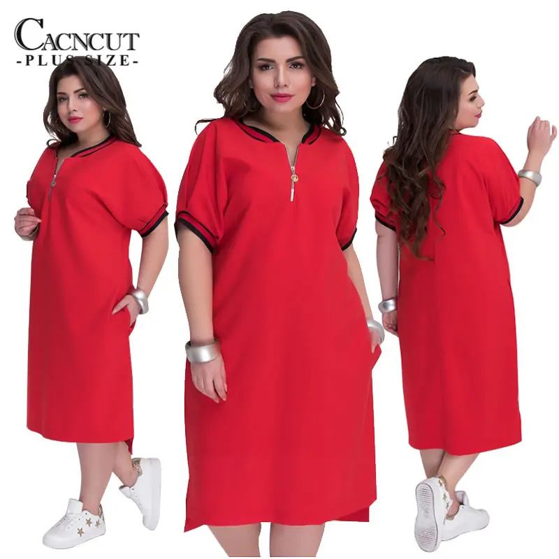 CACNCUT 5XL 6XL 2019 Plus Size Straight Dresses Women O-Neck With Zippers Big Size Summer Casual Loose Solid Dress Red Vestidos 14