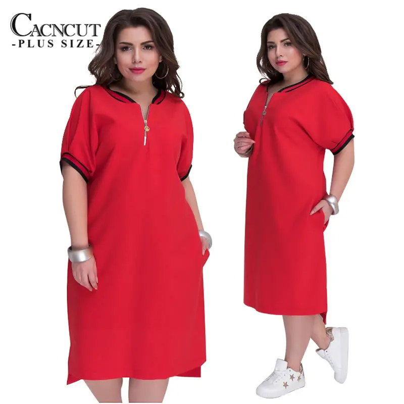 CACNCUT 5XL 6XL 2019 Plus Size Straight Dresses Women O-Neck With Zippers Big Size Summer Casual Loose Solid Dress Red Vestidos 15