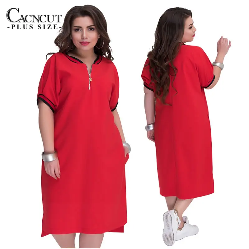 CACNCUT 5XL 6XL 2019 Plus Size Straight Dresses Women O-Neck With Zippers Big Size Summer Casual Loose Solid Dress Red Vestidos 16