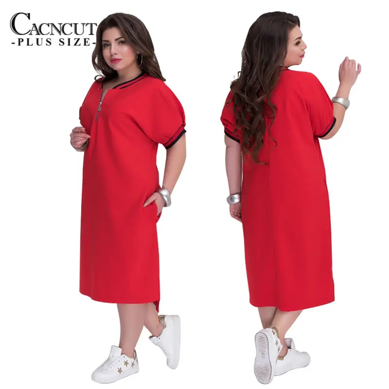 CACNCUT 5XL 6XL 2019 Plus Size Straight Dresses Women O-Neck With Zippers Big Size Summer Casual Loose Solid Dress Red Vestidos 17