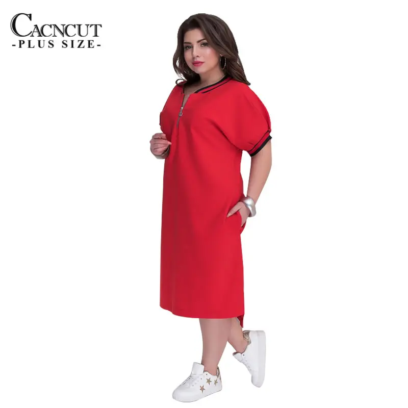 CACNCUT 5XL 6XL 2019 Plus Size Straight Dresses Women O-Neck With Zippers Big Size Summer Casual Loose Solid Dress Red Vestidos 18