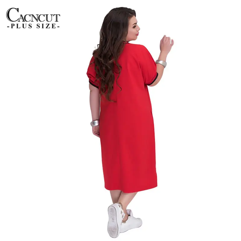 CACNCUT 5XL 6XL 2019 Plus Size Straight Dresses Women O-Neck With Zippers Big Size Summer Casual Loose Solid Dress Red Vestidos 19