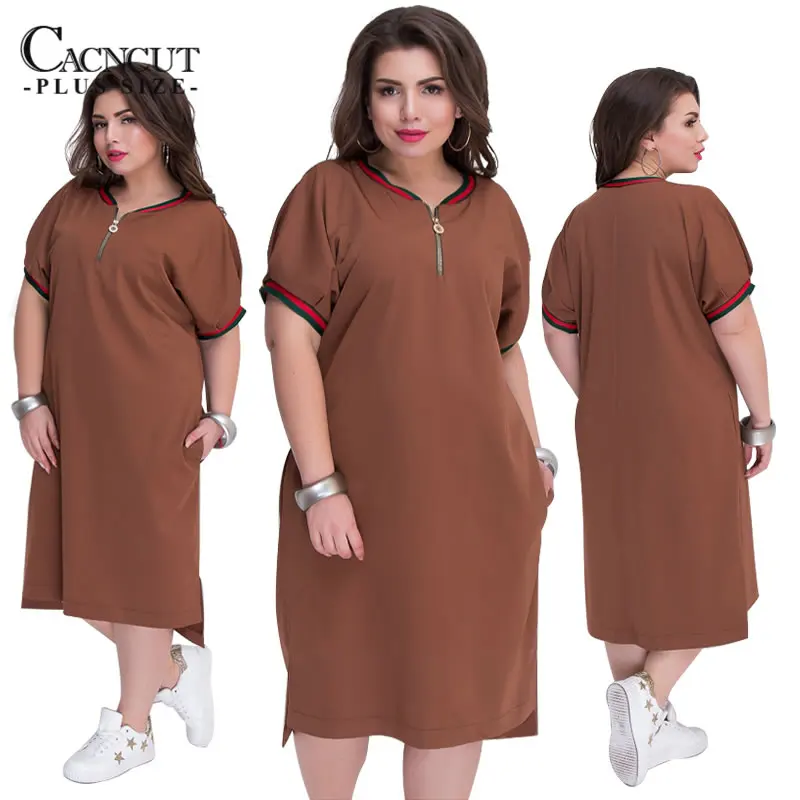 CACNCUT 5XL 6XL 2019 Plus Size Straight Dresses Women O-Neck With Zippers Big Size Summer Casual Loose Solid Dress Red Vestidos 20