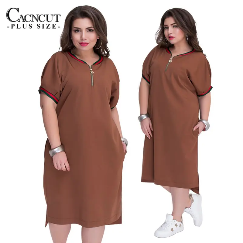 CACNCUT 5XL 6XL 2019 Plus Size Straight Dresses Women O-Neck With Zippers Big Size Summer Casual Loose Solid Dress Red Vestidos 21