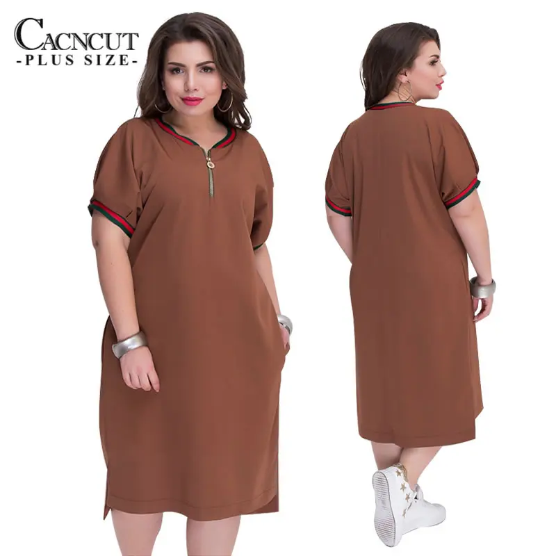 CACNCUT 5XL 6XL 2019 Plus Size Straight Dresses Women O-Neck With Zippers Big Size Summer Casual Loose Solid Dress Red Vestidos 22