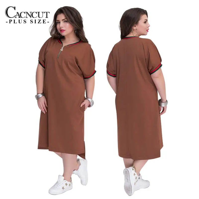 CACNCUT 5XL 6XL 2019 Plus Size Straight Dresses Women O-Neck With Zippers Big Size Summer Casual Loose Solid Dress Red Vestidos 23
