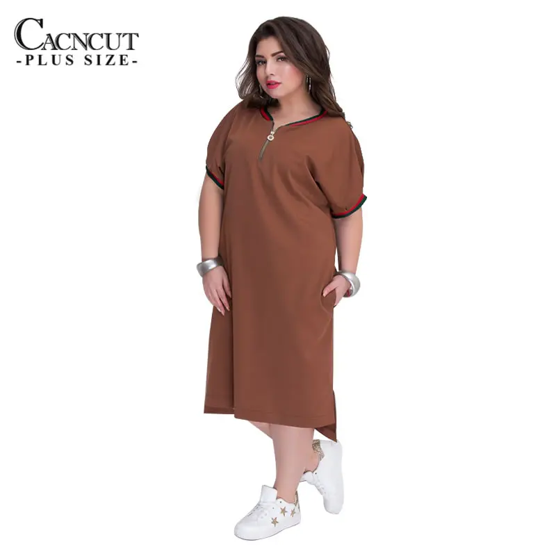 CACNCUT 5XL 6XL 2019 Plus Size Straight Dresses Women O-Neck With Zippers Big Size Summer Casual Loose Solid Dress Red Vestidos 24