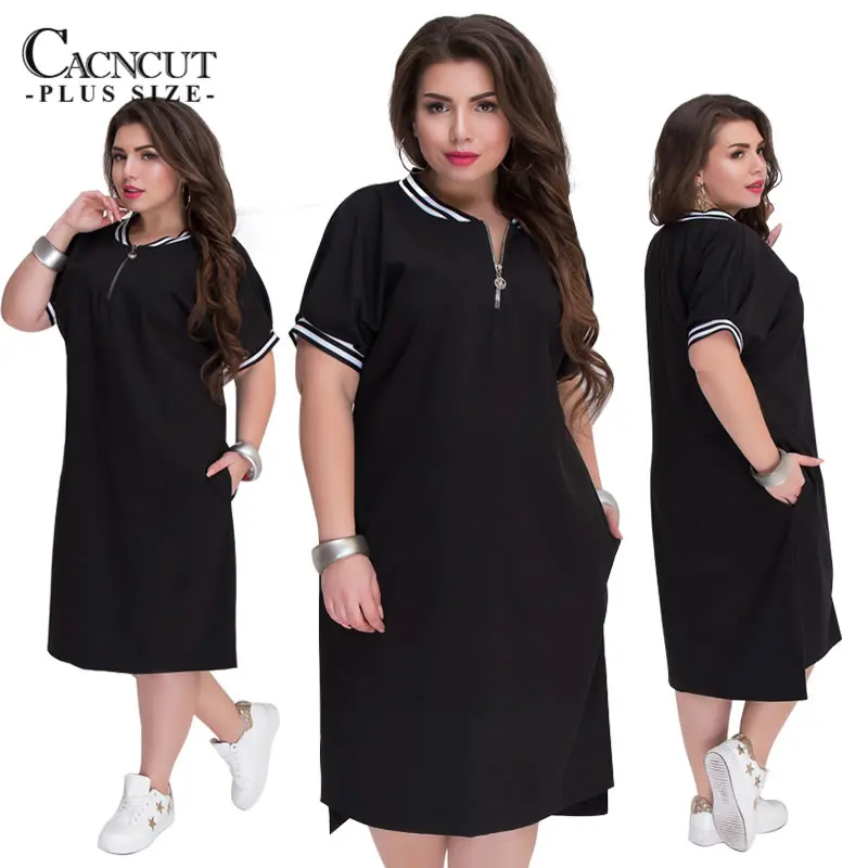 CACNCUT 5XL 6XL 2019 Plus Size Straight Dresses Women O-Neck With Zippers Big Size Summer Casual Loose Solid Dress Red Vestidos 26