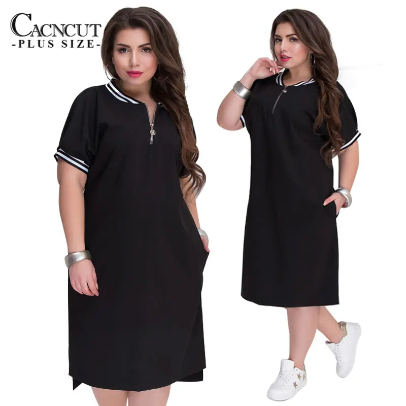 CACNCUT 5XL 6XL 2019 Plus Size Straight Dresses Women O-Neck With Zippers Big Size Summer Casual Loose Solid Dress Red Vestidos 27