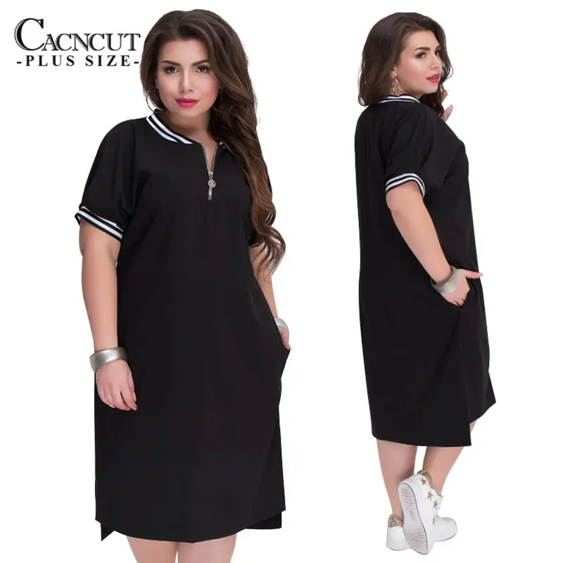 CACNCUT 5XL 6XL 2019 Plus Size Straight Dresses Women O-Neck With Zippers Big Size Summer Casual Loose Solid Dress Red Vestidos 28