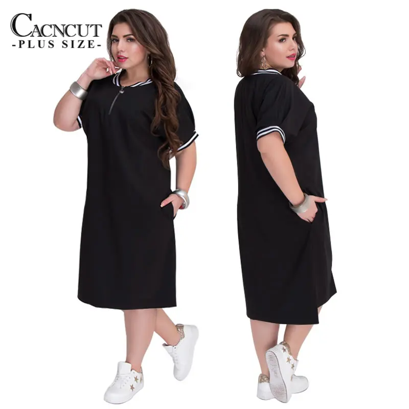 CACNCUT 5XL 6XL 2019 Plus Size Straight Dresses Women O-Neck With Zippers Big Size Summer Casual Loose Solid Dress Red Vestidos 29