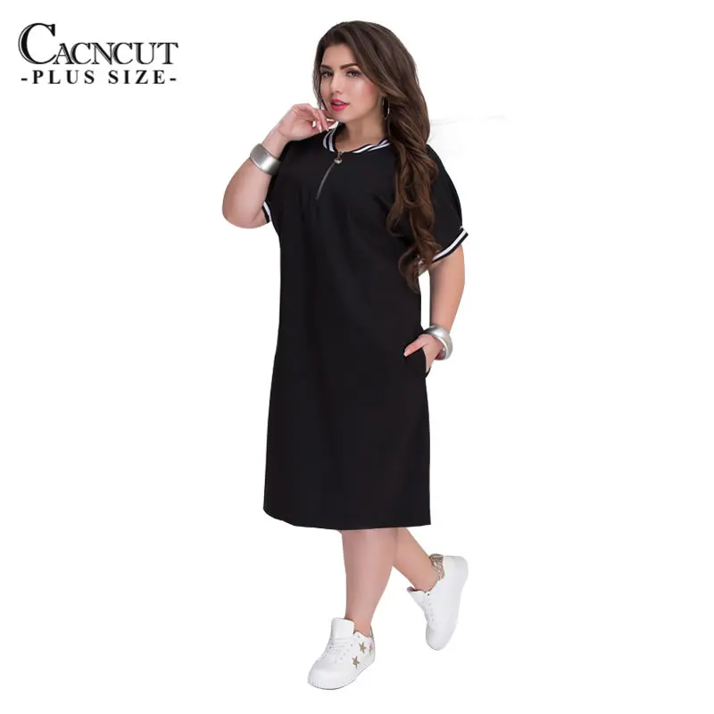 CACNCUT 5XL 6XL 2019 Plus Size Straight Dresses Women O-Neck With Zippers Big Size Summer Casual Loose Solid Dress Red Vestidos 30