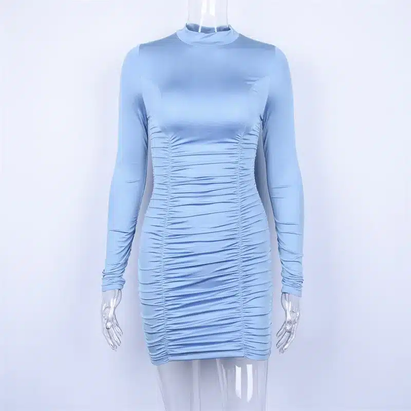 BOOFEENAA Sexy Ruched Long Sleeve High Neck Mini Dress Fall 2019 Bodycon Bandage Dresses High Fashion Women Clothing C70-AC44 28