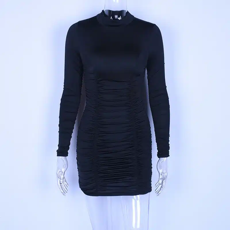 BOOFEENAA Sexy Ruched Long Sleeve High Neck Mini Dress Fall 2019 Bodycon Bandage Dresses High Fashion Women Clothing C70-AC44 31
